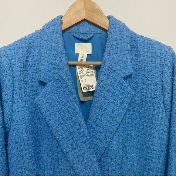 H&M Blue Tweed Double Breasted Blazer Jacket Women's Large Button Office New - Picture 3 of 10